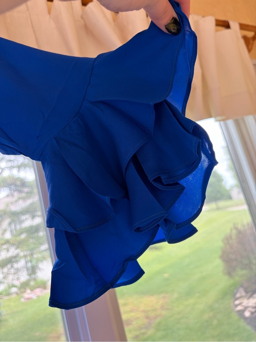 LaRoque Original | Royal Blue Ruffle Sleeve Silk Women's Blouse - Picture 4 of 10